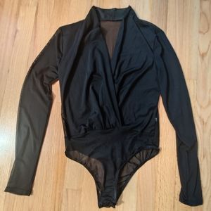 Shein Sheer Black Plunging Neckline Bodysuit